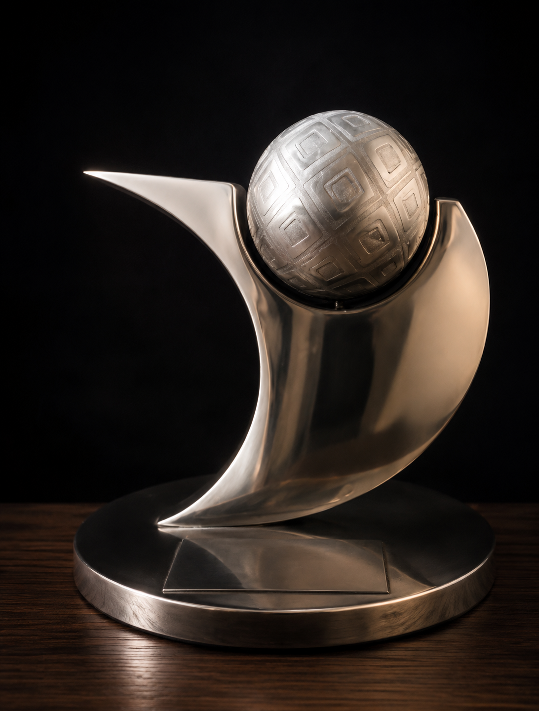 Troféu escultórico em metal com bola de futebol